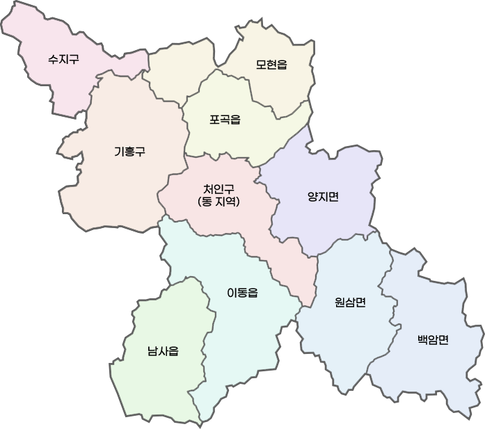 용인시 입주기업 지도 12시 방향부터 시계방향으로 - 처인구(동 지역)(패키징) / 포곡읍 / 모현읍 / 양지면(한컴) / 원삼면(원삼) / 백암면(제일바이오) / 이동읍(용인테크노밸리) / 남사읍(완장, 통삼) / 기흥구(기흥ICT밸리, 기흥힉스, 지곡, 농서) / 수지구가 있습니다