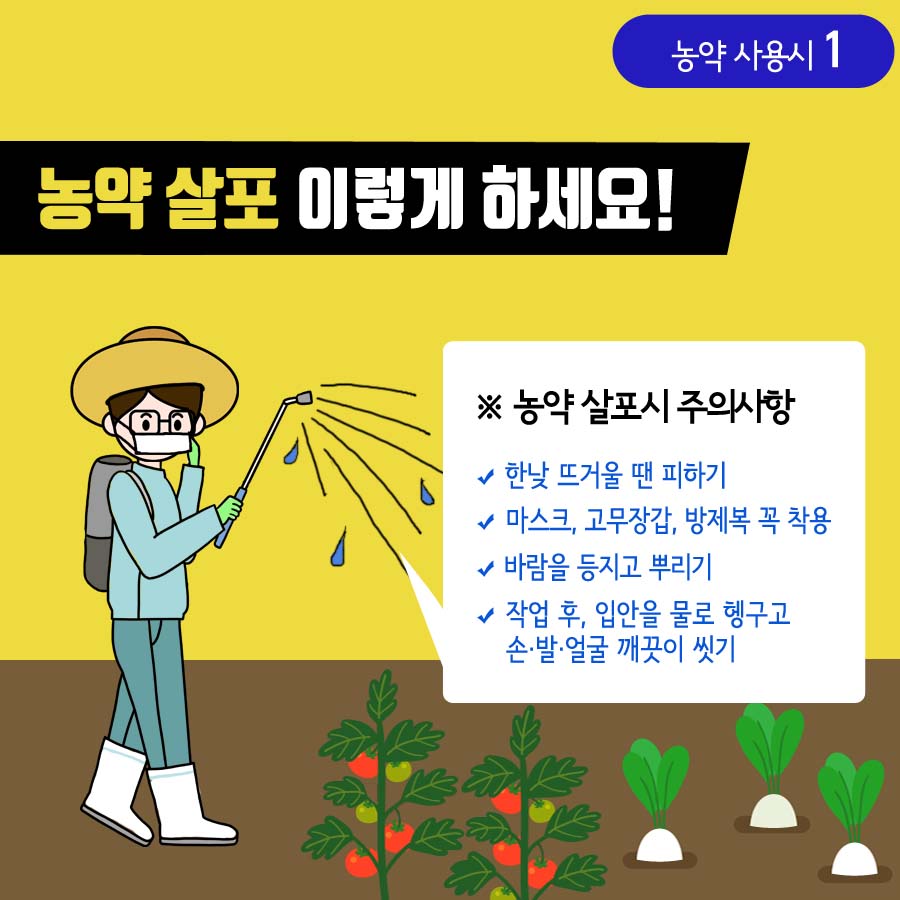 농약 사용시1 농약 살포 이렇게 하세요! ※ 농약 살포시 주의사항 1.한낮 뜨거울 땐 피하기 2. 마스크, 고무장갑, 방제복 꼭 착용 3. 바람을 등지고 뿌리기 4. 작업 후, 입안을 물로 헹구고 손 발 얼굴 깨끗이 씻기