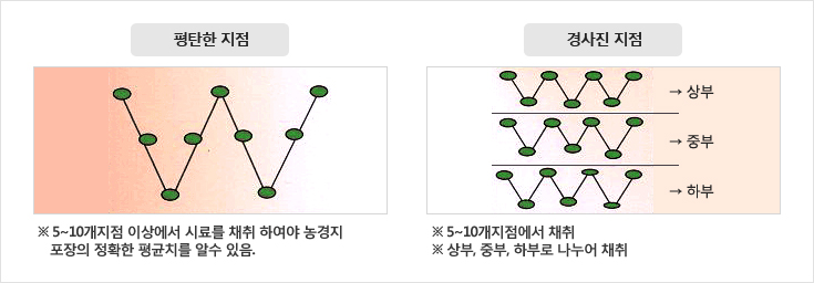 1.평탄한지점-5~10개지점 이상에서 시료를 채취 하여야 농경지 포장의 정확한 평균치를 알수 있음.
                  2.경사진지점-5~10개지점에서 채취/상부, 중부, 하부로 나누어 채취