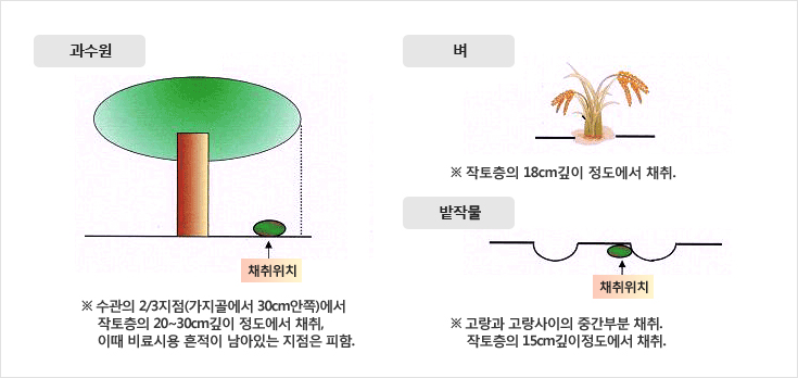 1.과수원-수관의 2/3지점(가지골에서 30cm안쪽)에서 작토층의 20!30cm깊이 정도에서 채취, 이때 비료시용 흔적이 남아있는 지점은 피함.
                  2.벼-작토층의 18cm깊이 정도에서 채취. 3.밭작물-고랑과 고랑사이의 중간부분 채취.작토층의 15cm깊이정도에서 채취.