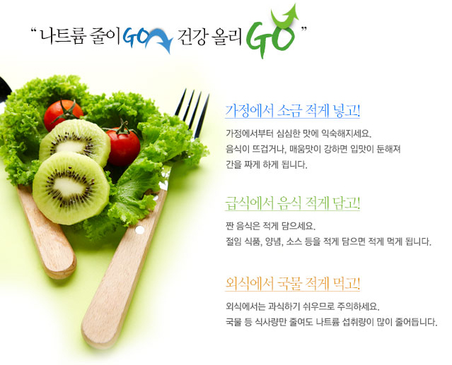 나트륨 줄이고 건강올리고 - 가정에서 소금 적게 넣고! 가정에서부터 심심한 맛에 익숙해지세요. 음식이 뜨겁거나, 매운맛이 강하면 입맛이 둔해져 간을 짜게 하게 됩니다. 급식에서 음식 적게 담고! 짠음식은 적게 담으세요. 절임식품, 양념, 소스 등을 적게 담으면 적게 먹게 됩니다. 외식에서 국물 적게 먹고! 외식에서는 과식하기 쉬우므로 주의하세요. 국물 등 식사량만 줄여도 나트륨 섭취량이 많이 줄어듭니다.