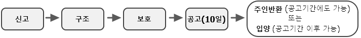 유기동물 보호 관리 절차 - 신고→구조→보호→공고(10일)→주인반환(공고기간에도 가능)또는 입양(공고기간 이후 가능)