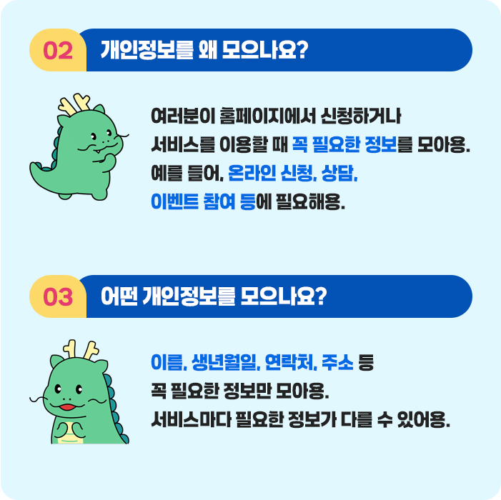 2.개인정보를 왜 모으나요? 여러분이 홈페이지에서 신청하거나 서비스를 이용할 때 꼭 필요한 정보를 모아용. 예를 들어, 온라인 신청, 상담, 이벤트 참여 등에 필요해용. 03.어떤 개인정보를 모으나요? 이름, 생년월일, 연락처, 주소 등 꼭 필요한 정보만 모아용. 서비스마다 필요한 정보가 다를 수 있어용.
