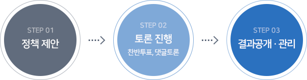 STEP 01 정책 제안 - STEP 02 토론진행 찬반투표, 댓글토론 - STEP 03 결과공개 · 관리